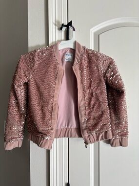 Mayoral pink sequin zip up bomber jacket girls 8 fair condition Good 4 Costume